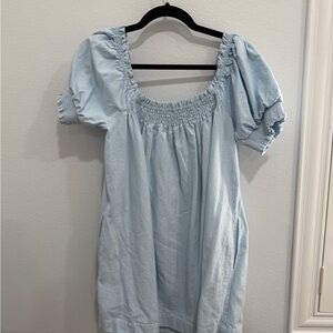 Free People Light Blue Puff Sleeve Smocked Neck Mini Dress